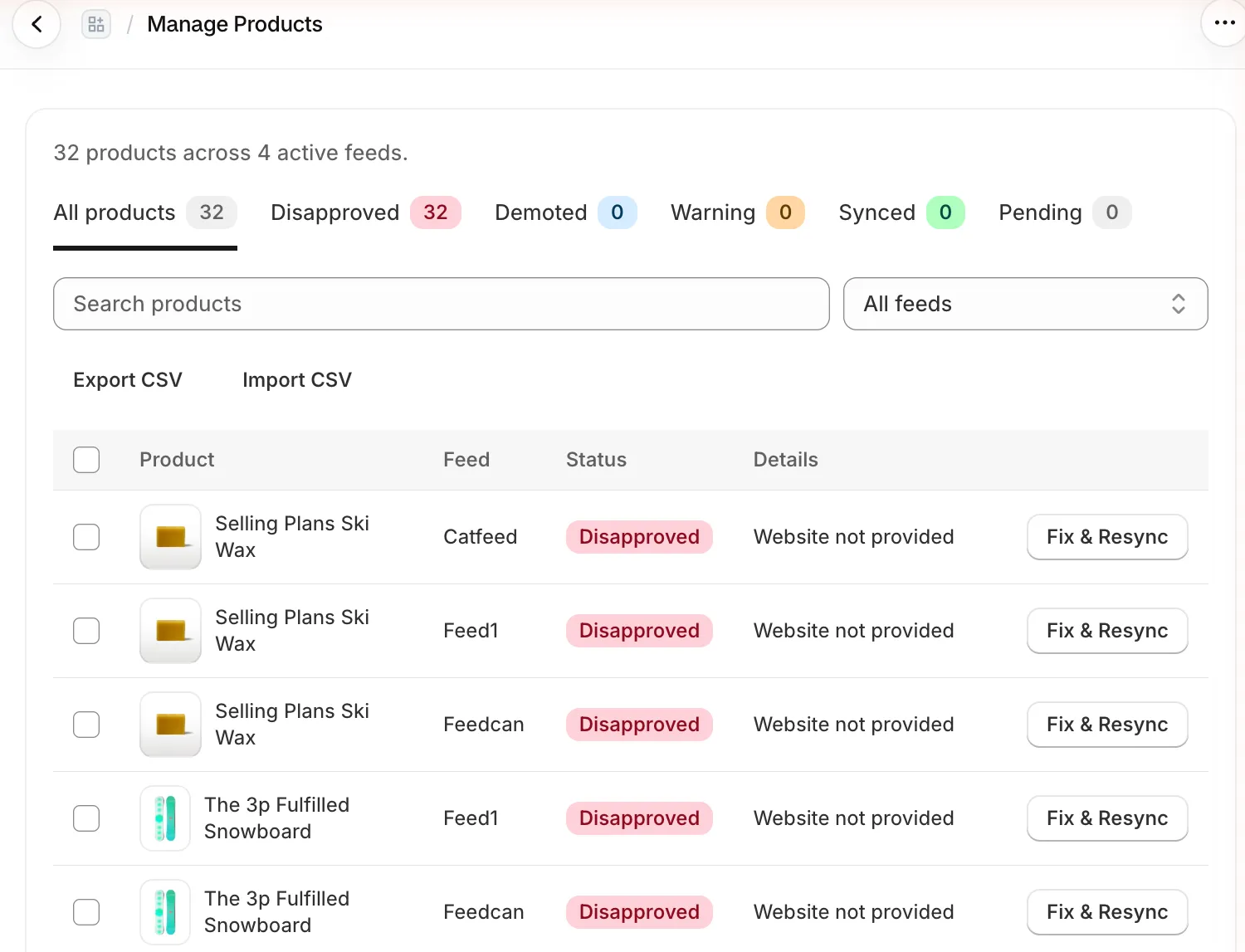 Manage Products: products filtered by status with the Google issue for each and a Fix & Resync button