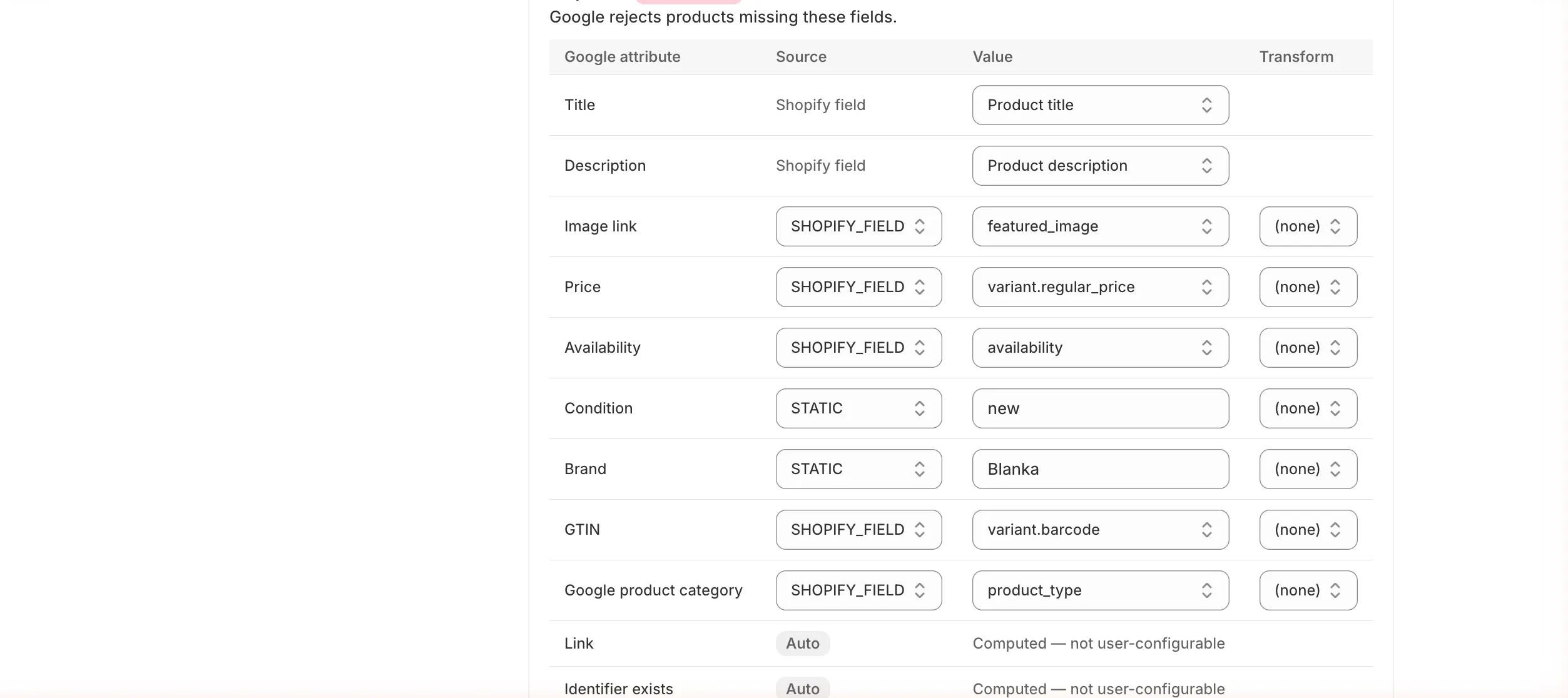 Default mapping, Required attributes: Title, Description, Image link, Price, Availability, Condition, Brand, GTIN, Google product category, plus Link, Identifier exists and Item group ID computed automatically