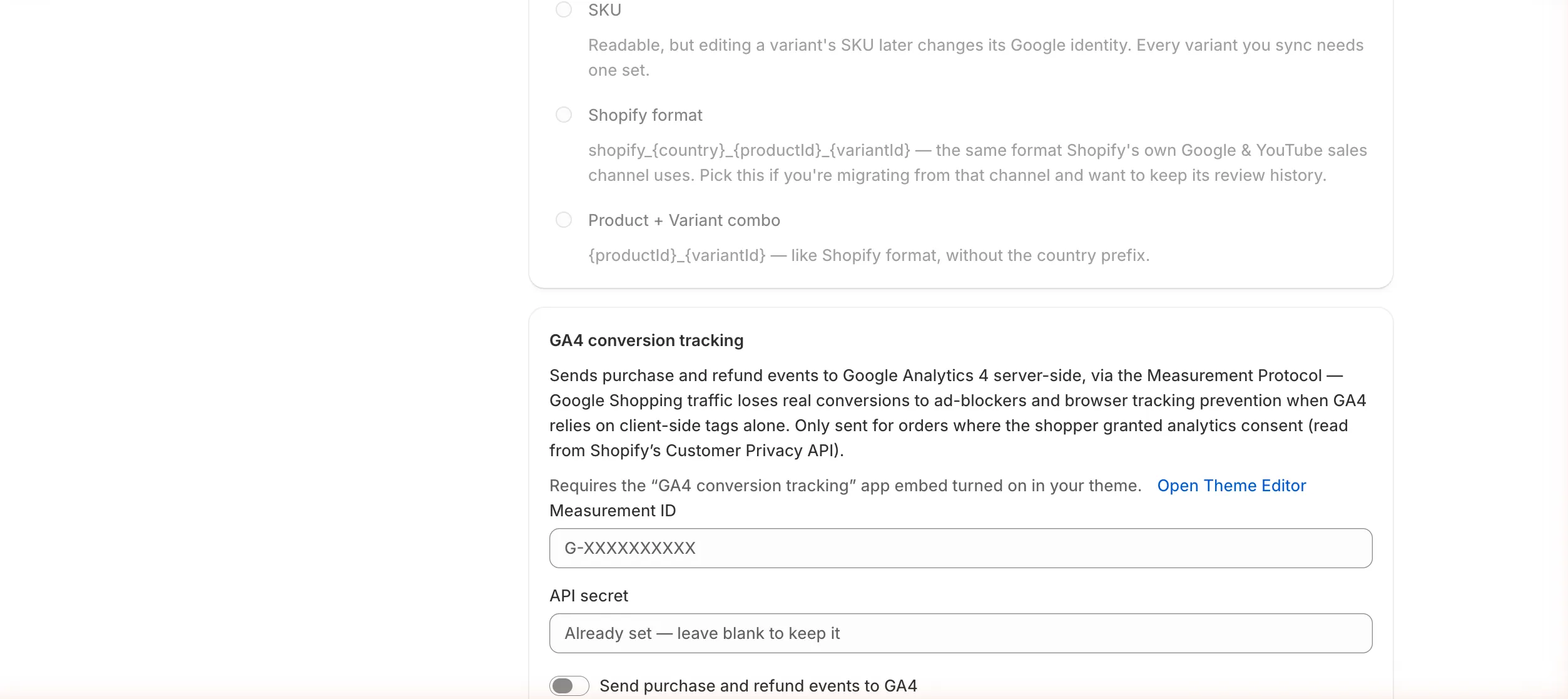 Product ID format options: Variant ID (recommended), SKU, Shopify format and Product + Variant combo